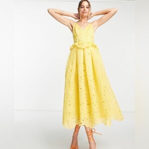 ASOS DESIGN Strappy Midi Dress Whith Floral Broderie Yellow and Size 4